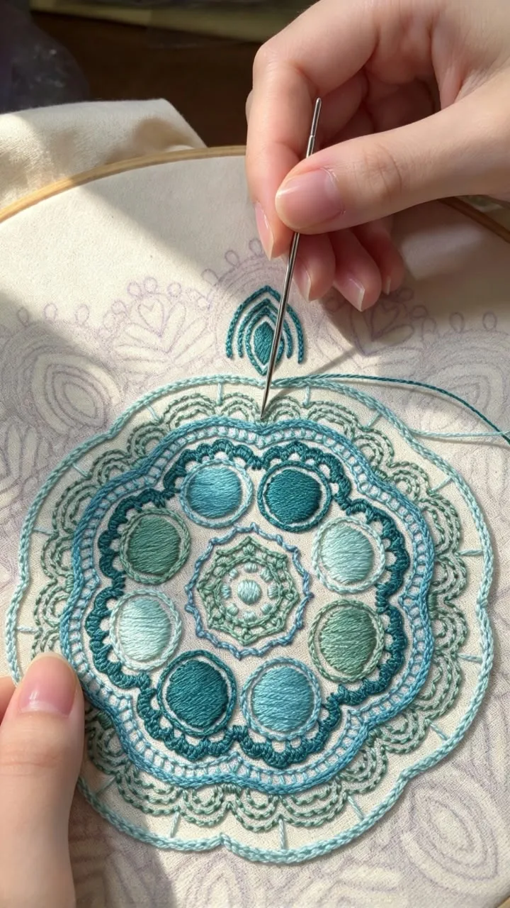 Alumna bordando un mandala en tonos turquesa en su bastidor