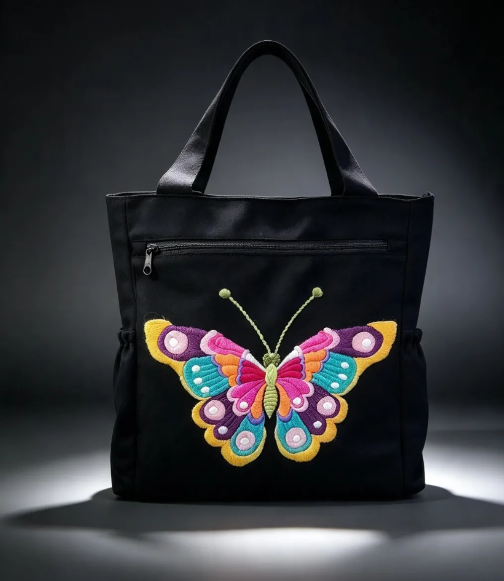 Bolso negro con mariposa bordada en hilo