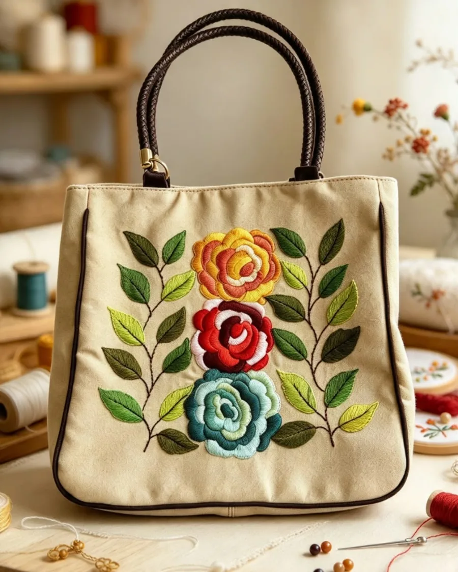 Bolso de tela beige con rosas bordadas a mano en amarillo, rojo y turquesa