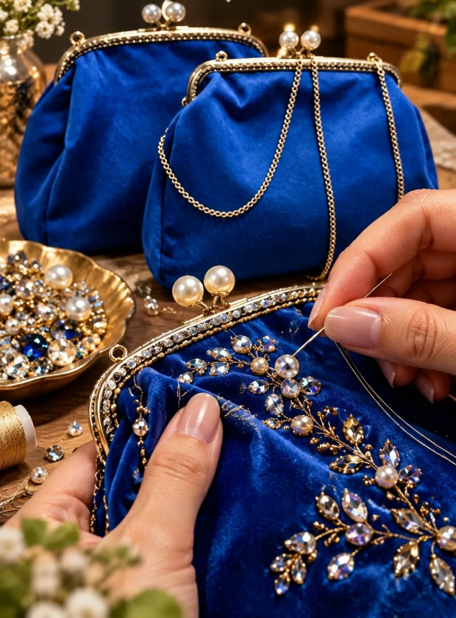 Bolsos de terciopelo azul bordados con perlas y cristales