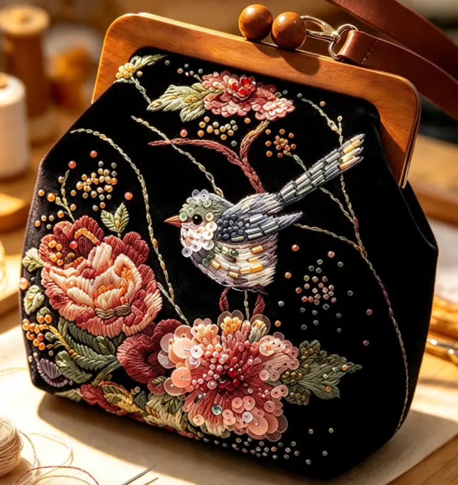 Cartera de terciopelo negro con boquilla de madera, bordada con flores, lentejuelas y un pajarito de mostacilla