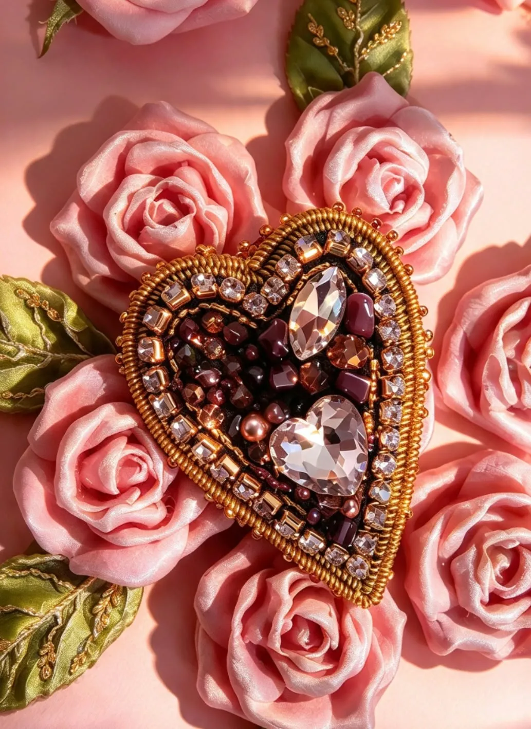 Corazón bordado en pedrería dorada y cristales entre rosas