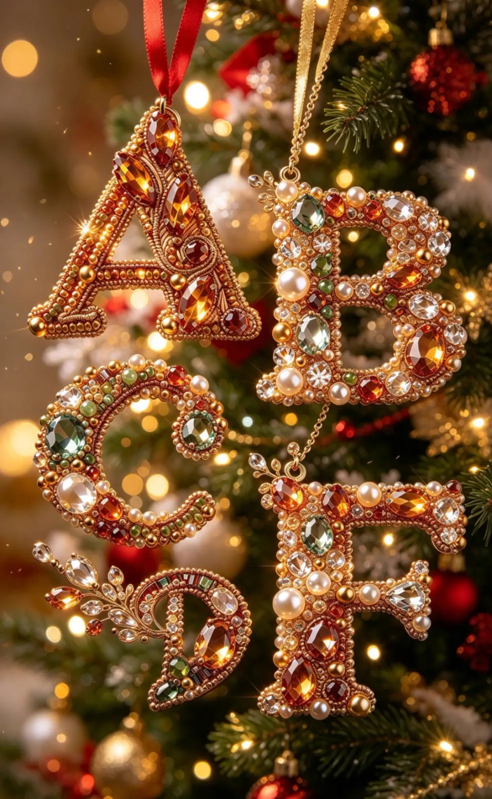 Letras A, B, C, D y F bordadas con pedrería, perlas y cristales, colgadas en un árbol de Navidad
