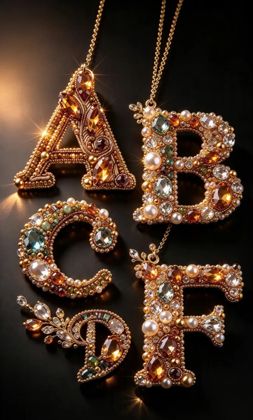 Letras bordadas con cristales ámbar, perlas y cadena dorada sobre fondo oscuro